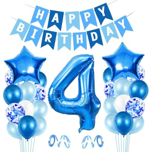 Luftballon 4. Geburtstag Blau - Happy Birthday Folienballon, Riesen Folienballon Zahl 4, Ballon Deko, Geburtstagsdeko Jungen 4 Jahr