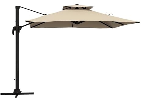 Outsunny Ombrellone da Giardino 3x3m in Alluminio, Ombrellone da Balcone con Braccio a Inclinazione Regolabile su 6 Posizioni, Tetto a 2 Livelli, Cachi