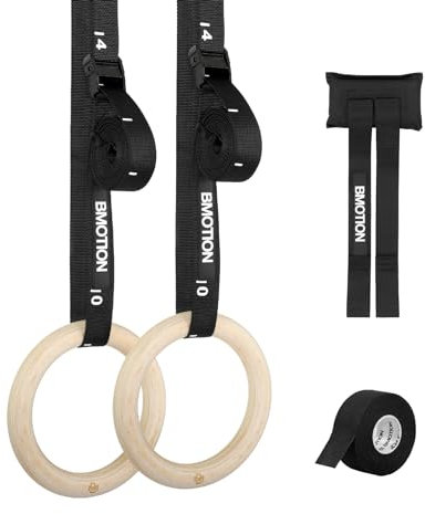 Müller & Blum Turnringe inkl. Gurte, Türanker & Grip Tape - Olympische Holzturnringe 28 mm Durchmesser - Gymnnastikringe aus Birkenholz - Indoor & Outdoor Training - Turnen, Calisthenics, Fitness