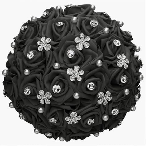 Bouquet di fiori in finta seta bianca con diamanti per bouquet da sposa da sposa con rose bouquet di fiori finti per decorazioni nuziali (colore: nero)