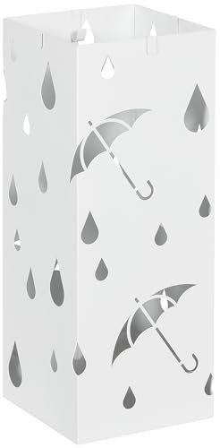 HOMCOM Steel Umbrella Stand, Square Holder with 4 Hooks and Removable Drip Tray, Hollowed Basket for Hallway, White