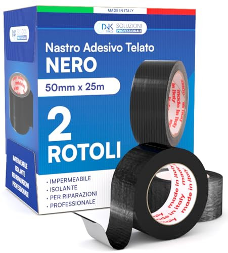 DNK TRADE Nastro Adesivo Telato Americano 50mm x 25m Colore Nero Isolante e Impermeabile per Riparazioni Professionali e Fai da Te Aderenza Multisuperficie Metallo Plastica e Legno - 2 Rotoli