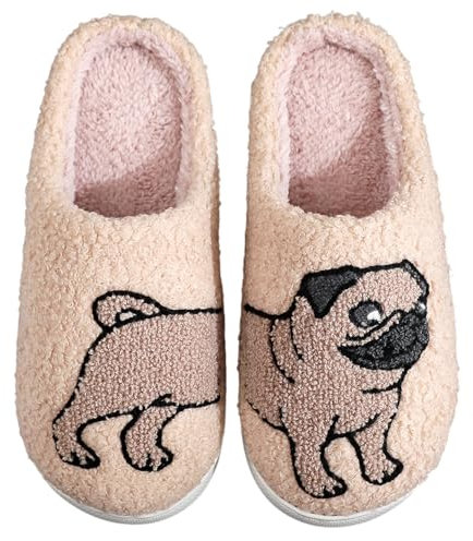 OJXTRDE Niedliche Mops Hausschuhe für Frauen und Männer - Fuzzy Memory Foam Cartoon Tier Pantoffeln - Neuheit Lustige Hund Winter Warm Plüsch Slipper