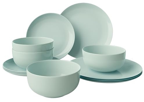 Yoshy Vajilla de porcelana de hueso verde de 12 piezas con diseño ligero y duradero resistente a las astillas, servicio para 4 personas