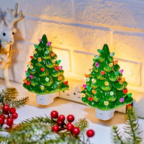 RuiDay Christmas Tree Night Light, 6 Inch Christmas Tree with Lights, Tree Light with ON/Off Switch and Swivel Plug, Christmas Decorative Light for Bedroom Holiday Decor (Cristmas Tree, 2 pcs)