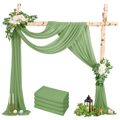 4 Packs Hochzeit Vorhang Hochzeitsbogen, Salbeigrün Querbehang 73cmx610cm Chiffon-Stoff-Vorhang für Hochzeit, Hintergrund Deko Gardinen Vorhang für Hochzeitsbogen Zeremonie, Torbogen, Party