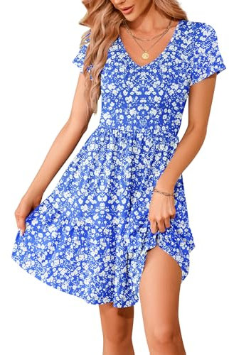 WNEEDU Women's Summer Dress V Neck Short Sleeve Casual Dress Pleated Hem Knee Length T-Shirt Dresses with Pockets Blue White Flower XL