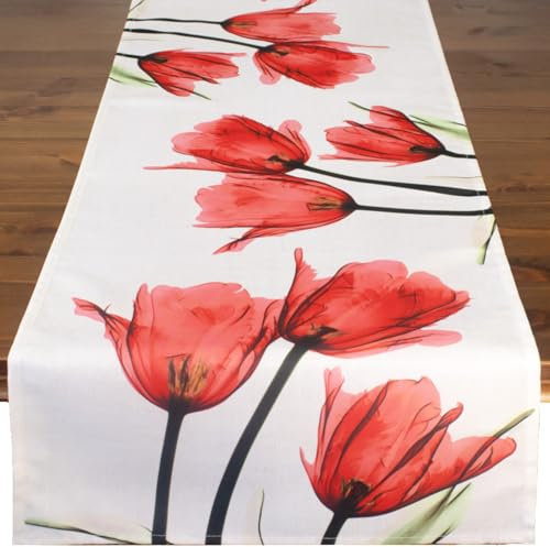 Tischläufer Tulpen rot, beige Creme, modern Bedruckte Motiv Tischdecke für Frühling und Sommer, 40x140 cm