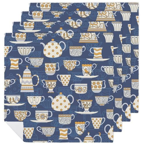 Cloth Napkins,Cute Teacups Doodle Set of 4 Dinner Napkins Square Table Napkins for Weddings Christmas Holiday Party