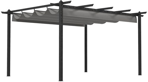 Outsunny Pérgola con Techo Retráctil Pérgola de Aluminio 4x3 m Cenador con Tela de Poliéster Resistente al Agua Pabellón para Jardín Patio Terraza Exterior Gris