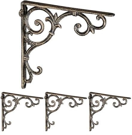 Relaxdays Set 4 Reggimensola da Muro, Staffe per Mensole, HLP: 24,5x4x24,5 cm, Supporti Angolari Ripiani Vintage, Bronzo