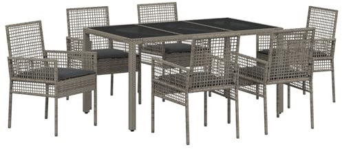 vidaXL Grauer rechteckiger Gartentisch mit Glasplatte | UV-beständiger 6-Sitzer Esstisch für draußen & Patio | Pulverbeschichteter Stahlrahmen