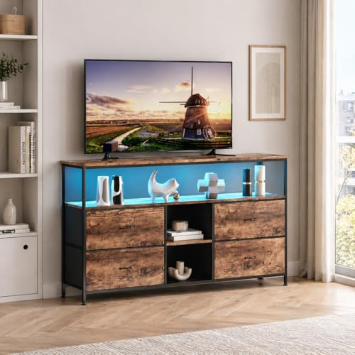 BRILVERDE TV Schrank mit 4 Stoffschubladen, Fernsehschrank mit offenen Ablageflächen, LED TV Lowboard, TV Tisch für Wohnzimmer, Schlafzimmer, 108x30x78 cm (Tigerleder)