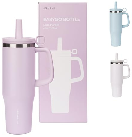 Nurluce Insulated Tumbler with Handle Purple Stainless Steel 40.5oz/1200ml/1.2L Triple-Wall Vacuum Insulated Waterproof Soft BPA Free Medical-Grade Reusable Silicone Straw Lid