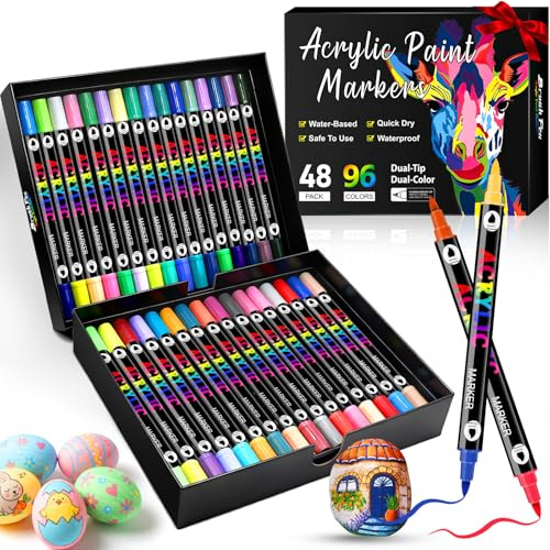 96 Farben Acrylstifte Set Wasserfest, Dual Tip Marker für Steine & DIY | 0,5-5 mm Doppelspitze für feine Details und breite Flächen, ideal für Steine, Holz, Glas, Keramik und DIY-Projekte