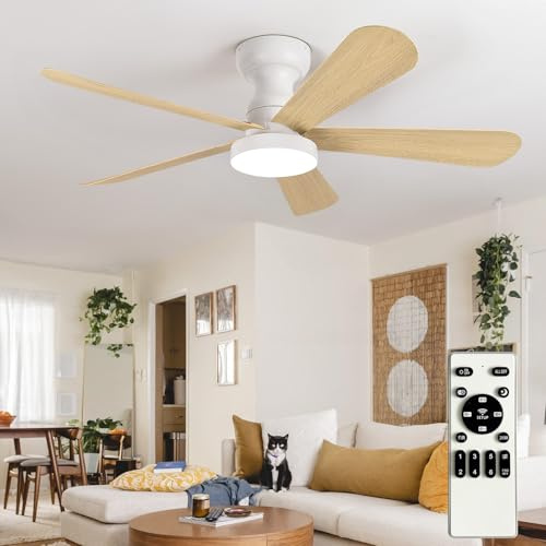 Depuley Small Ceiling Fan with Lights: 42-Inch Flush Mount Fan with Light and Remote - Low Profile Ceiling Fans Reversible Quiet DC Motor for Bedroom Living Room Indoor Outdoor, Wood Color