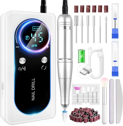 45000RPM Professional Nail Drill Machine for Acrylic and Gel Nails, Rechargeable Electric Nail File with 4000mAh Battery & LCD Display, Portable Nail Drill Kit with 13 Bits at Salon and Home