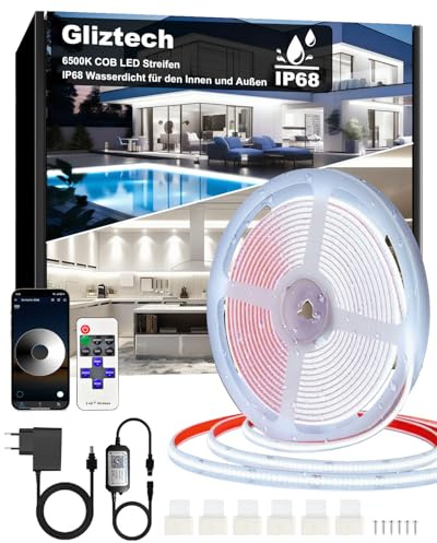 Gliztech 15M Striscia LED COB IP68 Impermeabile, Autoadesiva Striscia LED | 24V BT APP e Telecomando per Grondaie Giardino Piscina Terrazza Cucina