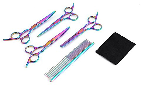 HEEPDD Fellpflegescheren-Set für Haustiere, Gebogene Schere Zum Schneiden von Effilierscheren aus Edelstahl mit Kamm, Leichtes Design für Präzise Tierhaarschnitte, Regenbogenfarbe, 6,5 Zoll, für den
