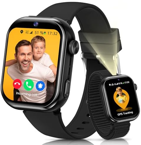 4G Smartwatch Bambini, IP68 Orologio Smartwatch Bambini con GPS, Chiamate, Videochiamate, Chat Vocale, Doppia Fotocamera, SOS, Modalità Scuola, Torcia, Sveglia, Smart Watch per Ragazzi e Ragazze Nero