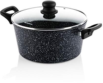 Westinghouse WCCC0009024MBB - Olla de 24 cm con tapa de cristal, revestimiento antiadherente de mármol, de aluminio forjado, apta para inducción, mango con revestimiento de silicona, color negro