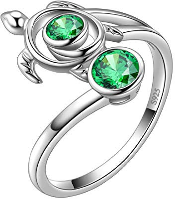 Aurora Tears Schildkröte Einstellbar Ringe 925 Sterling Silber Tiere Ring Grün kann Birthstone Schmuck mit Zirkonia für Frauen DR0084G