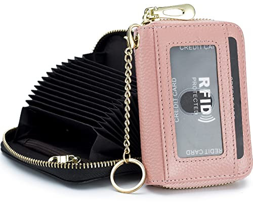 imeetu Femme Porte Carte Bancaire, RFID Tarjeteros Mujer Cuir Porte Carte avec 12 Emplacements pour Cartes, 2 Emplacements pour Espèces, Porte-clés, Fenêtre D'identification (Petit,Couleur Rose)