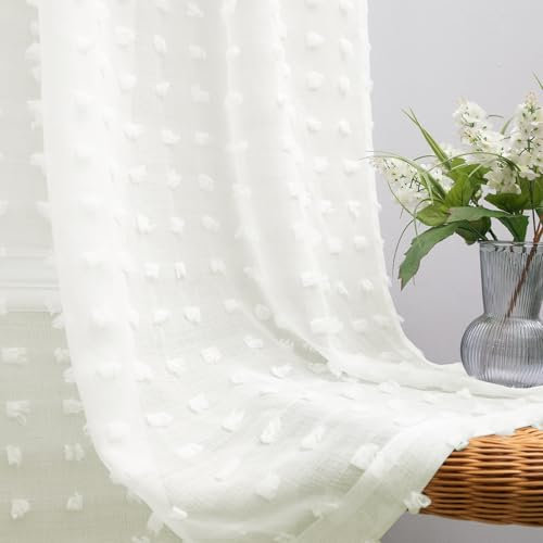 Koufall Landhaus-Vorhänge für Schlafzimmer, leicht, einzigartig, trendig, Pompons, niedlich, für Kinderzimmer, Dekoration, Wohnzimmer, 2 Paneele, 160 cm lang, cremeweiß