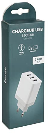 ITENSE – Cargador rápido 2,4 A – Triple entradas USB – Permite Cargar Varios Dispositivos simultáneamente – Potencia: 12 W – Entrada: AC 100 – 240 V, 50/60 Hz, 4 A