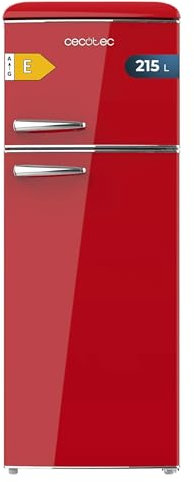 Cecotec Frigorífico 2 Puertas Retro de 215 L Bolero CoolMarket 2D Origin 215 Red E. Altura 148,2 cm y 55,2 cm de Ancho, Luz, Tirador Cromado, Bandejas Cristal, Control de Temperatura, Rojo