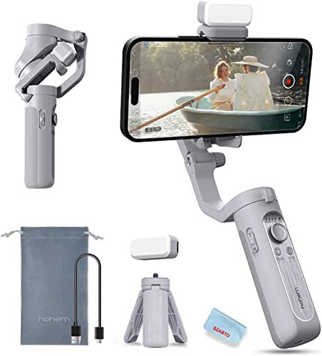 Hohem iSteady XE KIT 3-Achsen Smartphone Gimbal Stabilizer mit Licht für iPhone Android Phone für Vlog YouTube Live Video Record Handheld gefaltete Gimbla Stabilizer, Grau Combo