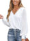 CUPSHE Women Blouse Cutout Scalloped Lace Top Long Lace Sleeves V Neck Banded Cuffs Chic Elegance Shirt White L