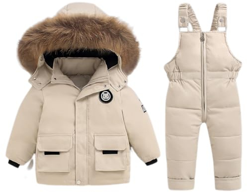 Enfant Combinaison de Ski Hiver Bébé 2 Pièces Doudoune Manteau avec Neige Bavoir Pantalon Garçons Filles Combinaisons de Neige Vêtements Blanc 3-4 Ans