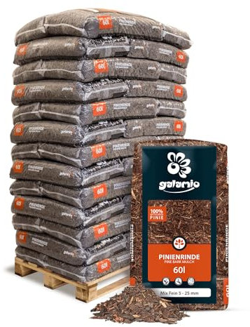 GALAMIO Pinienrinde Pinienmulch Rindenmulch Pinie Mulch Garten Dekor Pinus Pinea Natur Mittelmeer Kiefer Mix 8-25mm 60l x 39 Sack 2.340l / 1 Palette Paligo