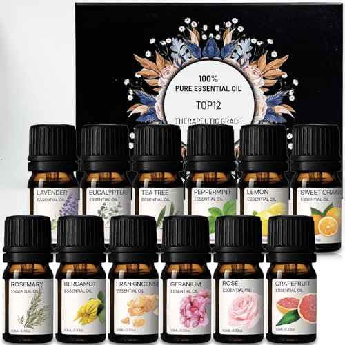 Aceites Esenciales Kit de Aceites Puros al 100% - Set de Regalo de 12 Aceites de Aromaterapia - 12 Paquetes, 10ML (Eucalipto, Lavanda, Hierba de Limón, Naranja, Menta, Árbol de Té)