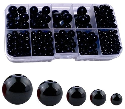 FAPUMOE 480pcs Black Round Crystal Glass Beads for Jewelry Making (4/6/8/10/12mm), Smooth and Round Glass Spacer Loose Beads for Crafts Bracelets Necklaces Charms