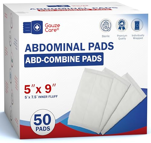 GauzeCare Sterile Abdominal- ABD Combine Pads| 50-Pack, 5 x 9 Inches| Extra Absorbent & Thick, Individually Wrapped Wound Dressing, First Aid Pads| Surgical-Grade, Nonstick- for Heavy Leakage, Post Op