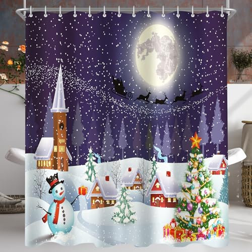 Lerores Duschvorhang 180x200cm Weihnachtsstimmung, Beschwerter Saum Saum Antischimmel, Wasserabweisend, Waschbar Polyester Badevorhänge mit 12 Ösen und Duschvorhangringen für Badezimmer, Badewanne