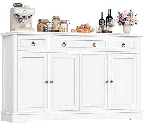 FirFurd Kitchen Sideboard Storage Cabinet White Sideboard Large Buffet Cupboard with 3 Drawers 4 Doors Adjustable Shelf for Living Room Dining Room Furniture 134x40x87cm