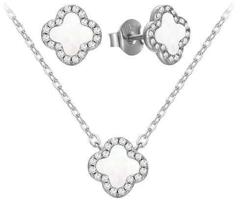 Evensee 925 Silber Vierblättrige Kleeblatt Ohrstecker und Halsketten Schmuck Set mit Perlmutt,Elegante Geschenke für Frauen Mädchen Freundin Weihnachten Geburtstag