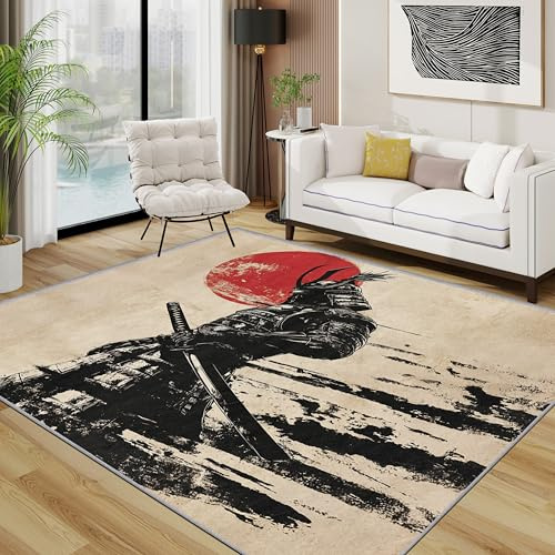 Generisch Japanisch Teppich, Japan Samurai Traditioneller Teppich Eingang, Rote Sonne Krieger Kurzflor Waschbar Antirutsch Klein Teppiche, 50x80 cm, Schwarz Rot Beige
