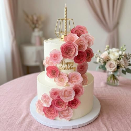 Anglesit Pre-Cut Glittery Pink Roses Edible Rice Wafer Paper Flowers Cupcake Toppers Shimmery Golden Sparkling Cake Decorations Birthday Wedding Party