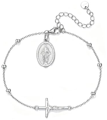 YAFEINI Katholisches Rosenkranzarmband für Damen 925er Sterlingsilber Kruzifix Kreuz Jungfrau-Maria-Medaille Perlenkette Religiöser Schmuck Geschenk für Sie