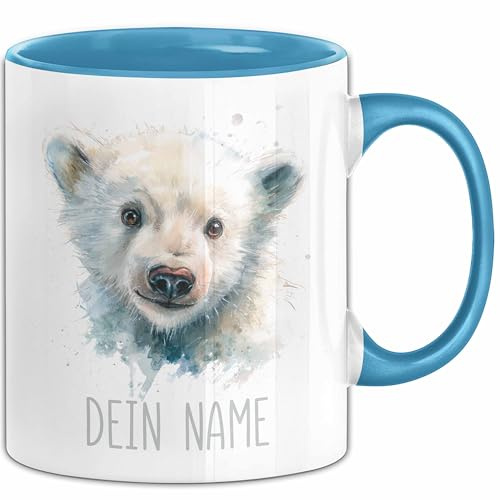Eisbär Tasse mit Namen – Personalisierte Kaffeebecher Tiermotiv Geschenkidee Jungen Mädchen (Blau)