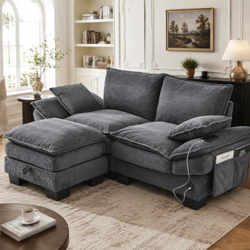 ECLIVON Sofa 2 Sitzer mit USB, Sofas & Couches mit Rückenlehne und Hocker Stauraum, Modern Polstersofa Polstercouch mit Armlehnen und 2 Kissen, Couch für Wohnzimmer Schlafzimmer, Cord (Dunkelgrau)