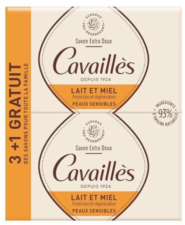 Rogé Cavaillès Savon Extra Doux Lait et Miel Lot de 3 x 250 g + 1 Gratuit