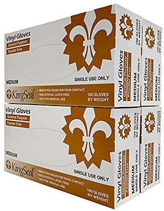 KingSeal Einweghandschuhe, Vinyl, puderfrei und latexfrei, 4 mm, transparent, 4 Boxen mit je 100 Handschuhen (400 Stück)