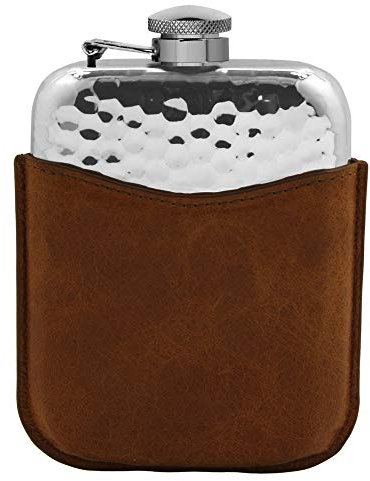 English Pewter Company Flasque de hanche en étain martelé de la société, 6 oz, avec capuchon captif dans une pochette en cuir de luxe marron [PLF04]