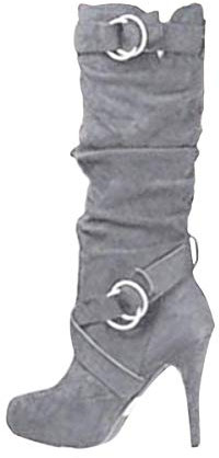 Minetom Stivali Donna Scarpe da Moda Autunno Inverno Scamosciato Pelle Casual Lunghi Stivali Tacchi Alti Slip On Grigio 37 EU
