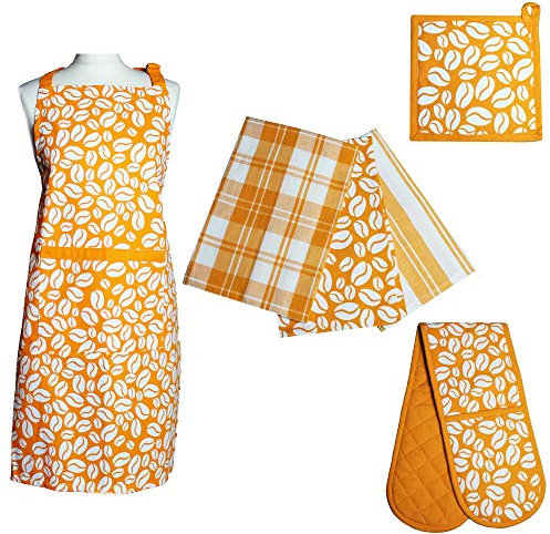 Prime Homewares Orange Bean Design Pot Holder, Double Oven Glove, Tea Towels, Apron Orange Bean Design (Full 6pc Set)